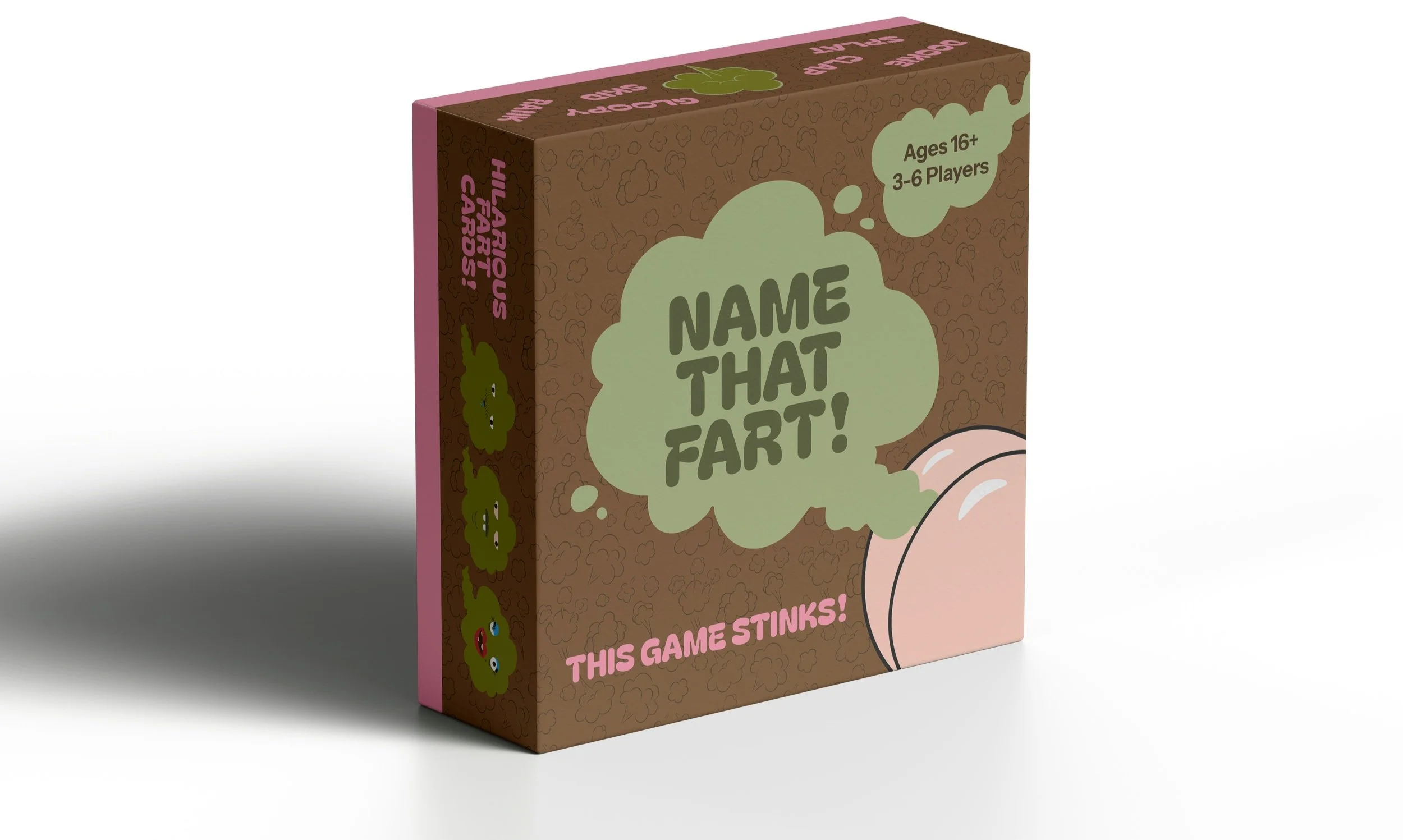 A game box titled 'Name That Fart!' featuring a cartoon of a person's bottom and fart cloud. The box states it is for ages 16+, for 3-6 players, with a tagline 'This game stinks!'. The side of the box has cartoon fart faces.