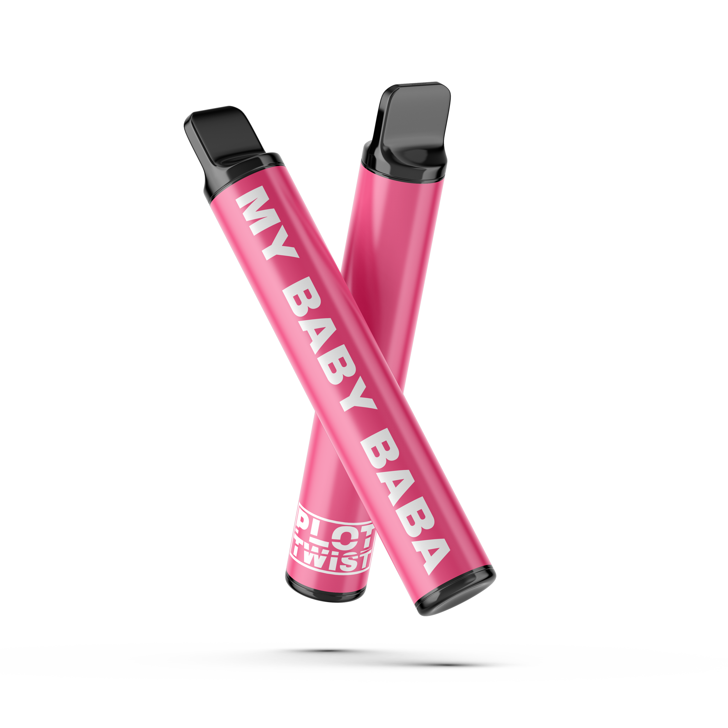 Pink vape pens crossing each other with bold white text 'MY BABY' and a logo at the bottom reading 'PLOT TWIST'.