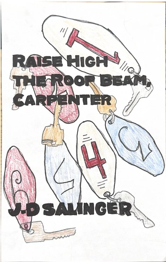 Hand-drawn illustration of fishing lures with the text "Raise high the roof beam, carpenter" and the name "J.D. Salinger".