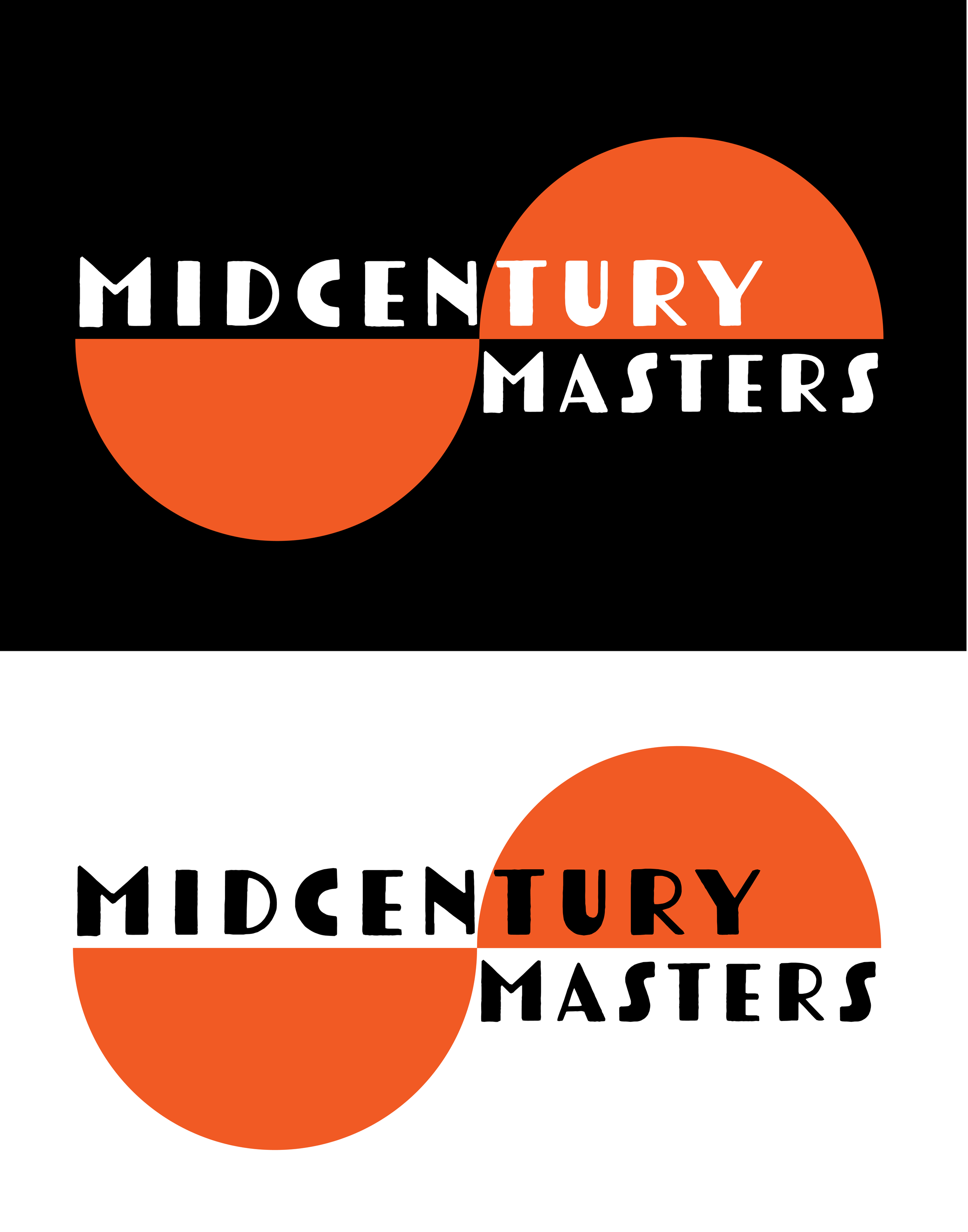 Logo for MiddleTury Masters featuring a black and white background with an orange semicircle and circle, with the text 'Middentury Masters' split across the shapes.