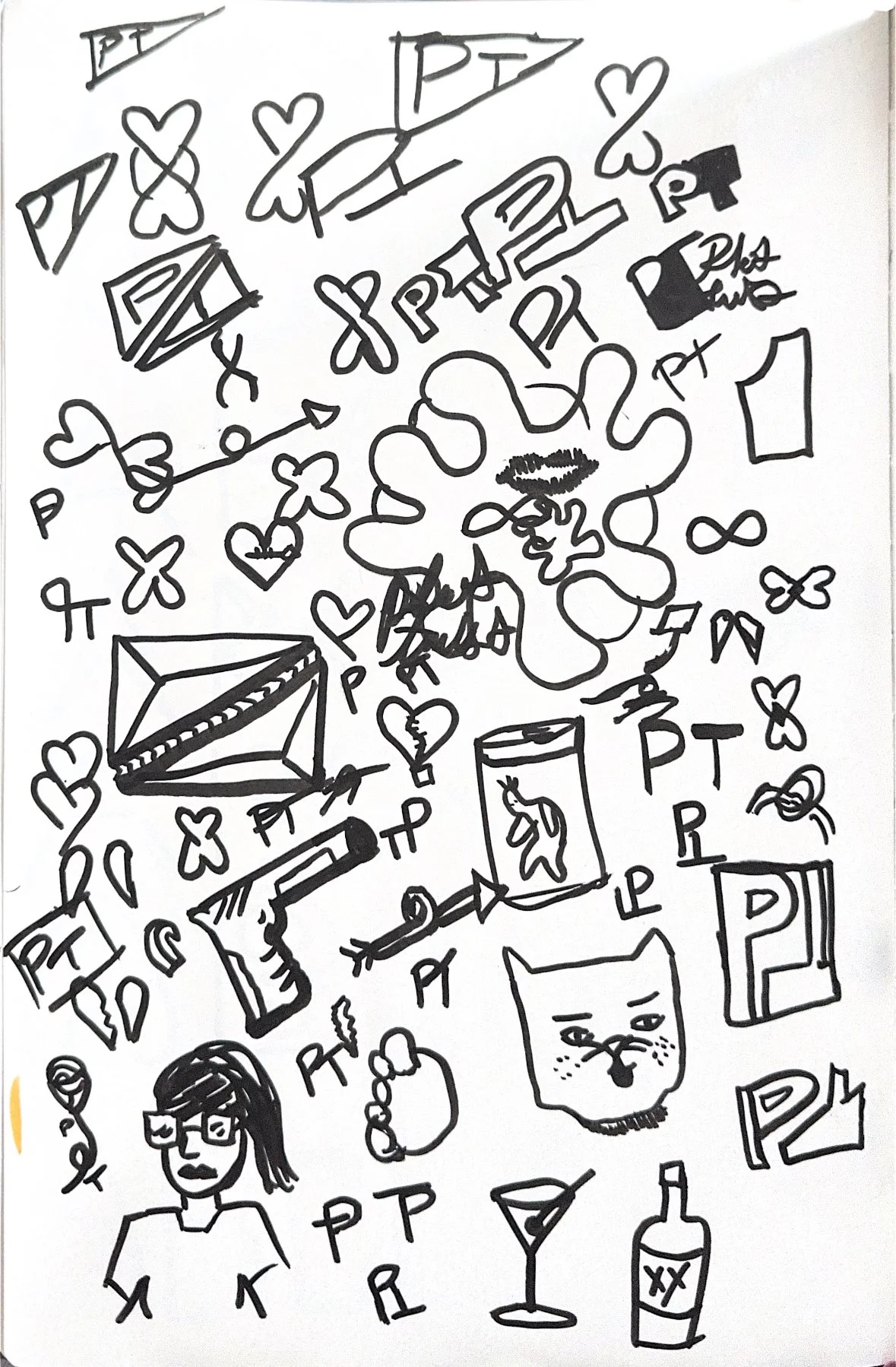 A collection of doodles including hearts, stars, a gun, a cat, a woman with glasses, a bottle, a martini glass, a fish tank, a cube, and random letters and shapes.