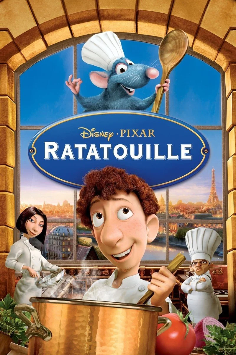 The animated movie poster for Disney Pixar's Ratatouille showing a rat dressed as a chef holding a spoon, a young man cooking in a kitchen with a city view, and a female chef and a stern male chef in the background, with a large blue sign that says 'Ratatouille' at the top.