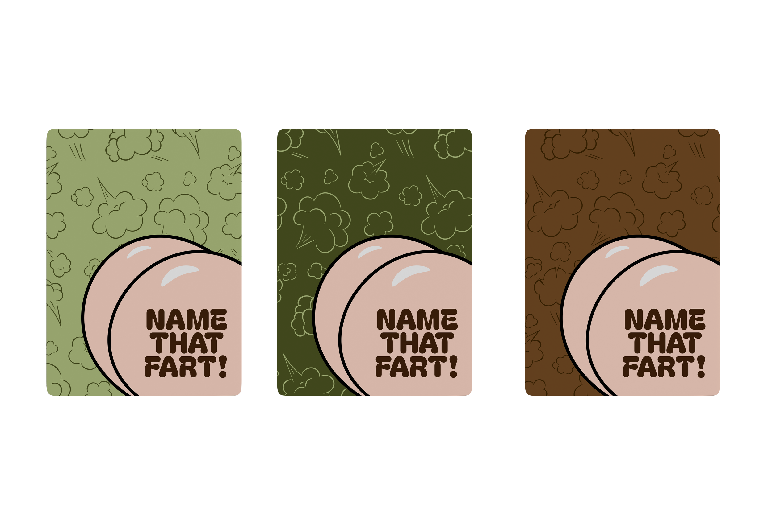 Three colorful toilet paper rolls with cartoon cloud patterns in green, dark green, and brown backgrounds, each with the text 'NAME THAT FART!' on the paper.