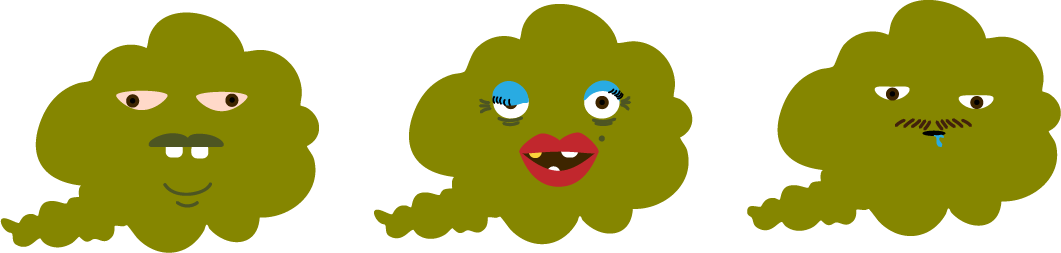 Three cartoonish green clouds with human-like faces and exaggerated features, each with different facial expressions and accessories.
