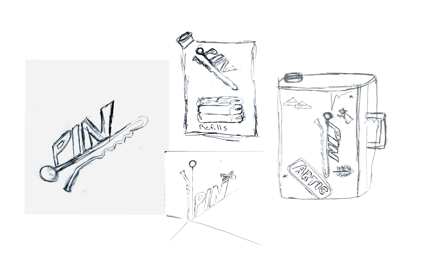 Sketch of PINK products, including a logo, a packet labeled 'Refills,' and a box with labeled 'Air Sig' devices.