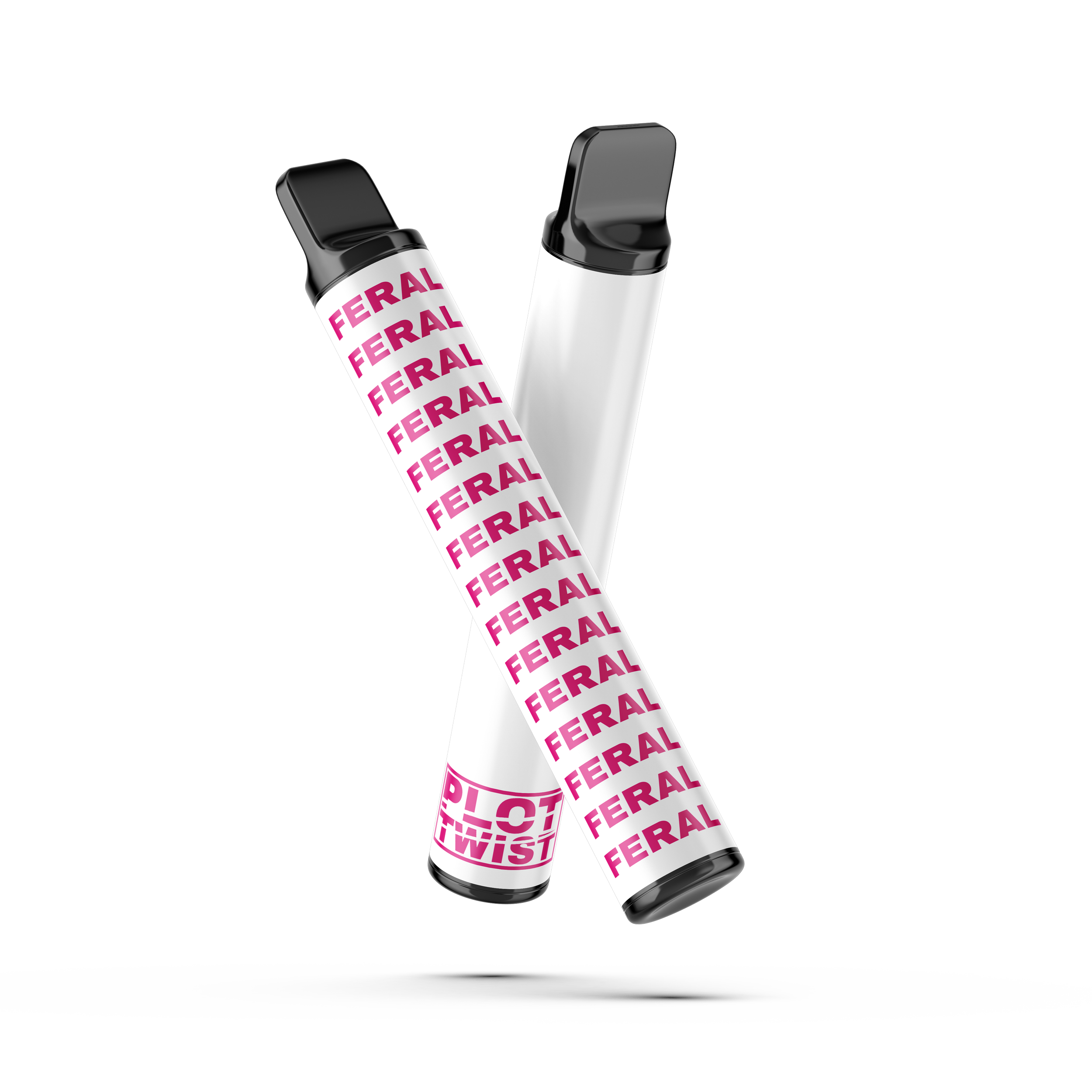 Two vape pens, one with the word 'FERAL' repeated in pink on a white background and the other plain white, positioned with shadows underneath on a black background.
