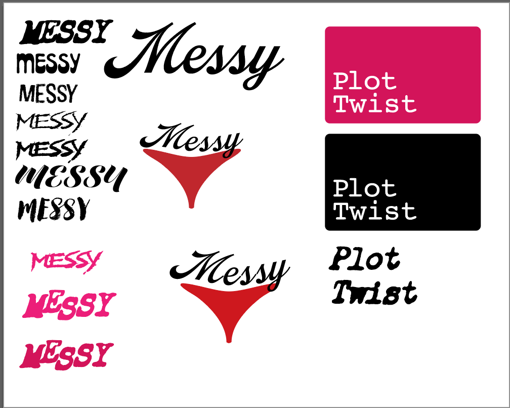 Various styles and colors of the word "Messy" and "Messy" with a red lipstick graphic, along with two color blocks labeled "Plot Twist" in pink and black, on a white background.
