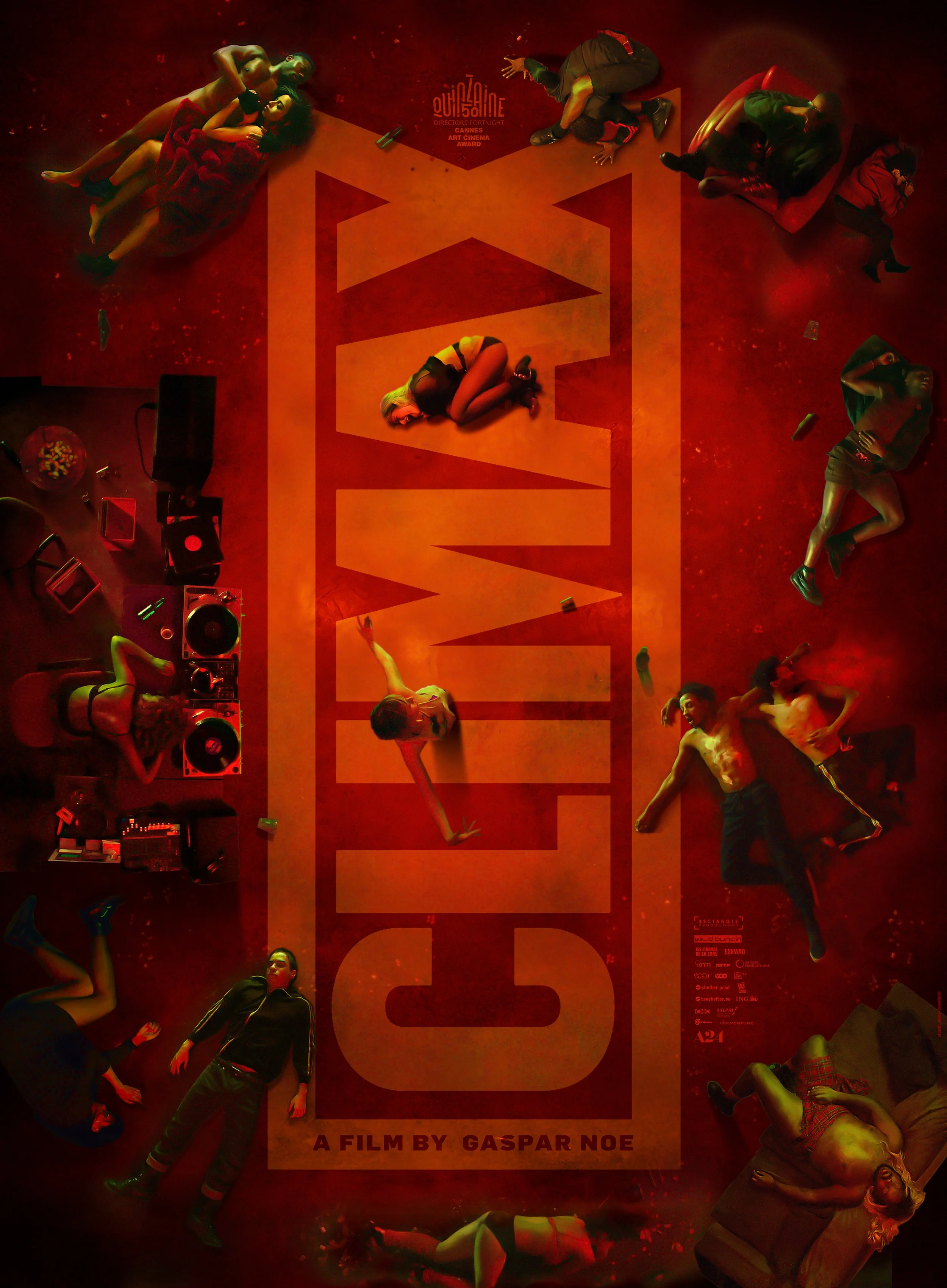 Red poster for the film "Come as You Are" with multiple people lying or sitting around on the floor, some in provocative poses, and a DJ setup on the left side.