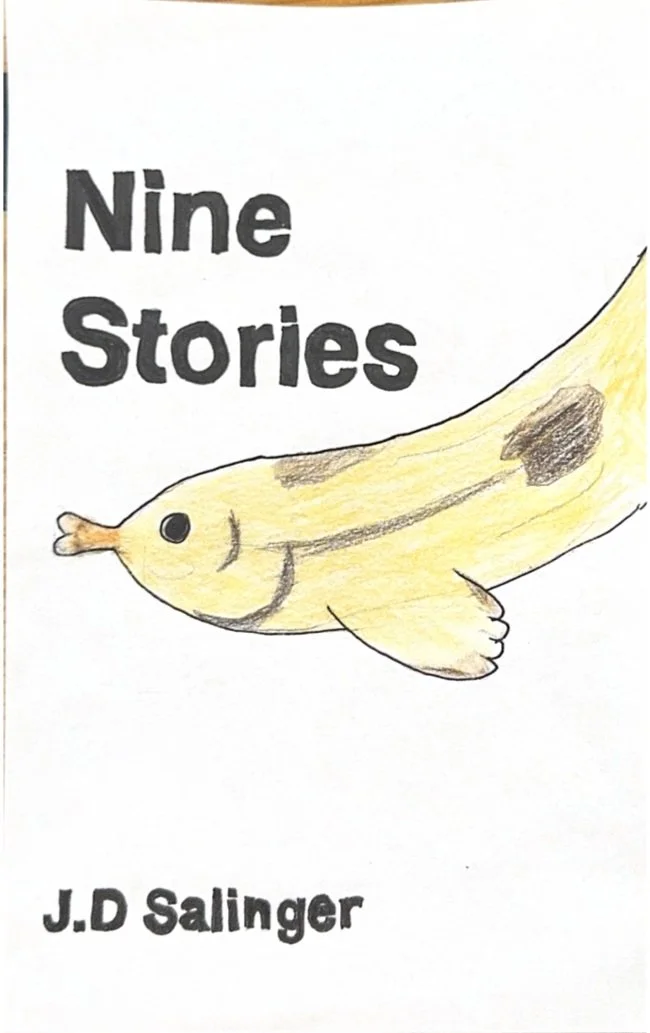 Book cover titled 'Nine Stories' by J.D. Salinger featuring a hand-drawn illustration of a yellow fish with brown spots.