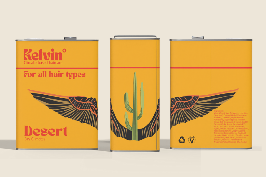 Three yellow metal cans with desert-themed artwork, featuring wings and a cactus, and text that reads 'Kelvin Climate based haircare For all hair types Desert Dry Climates'.