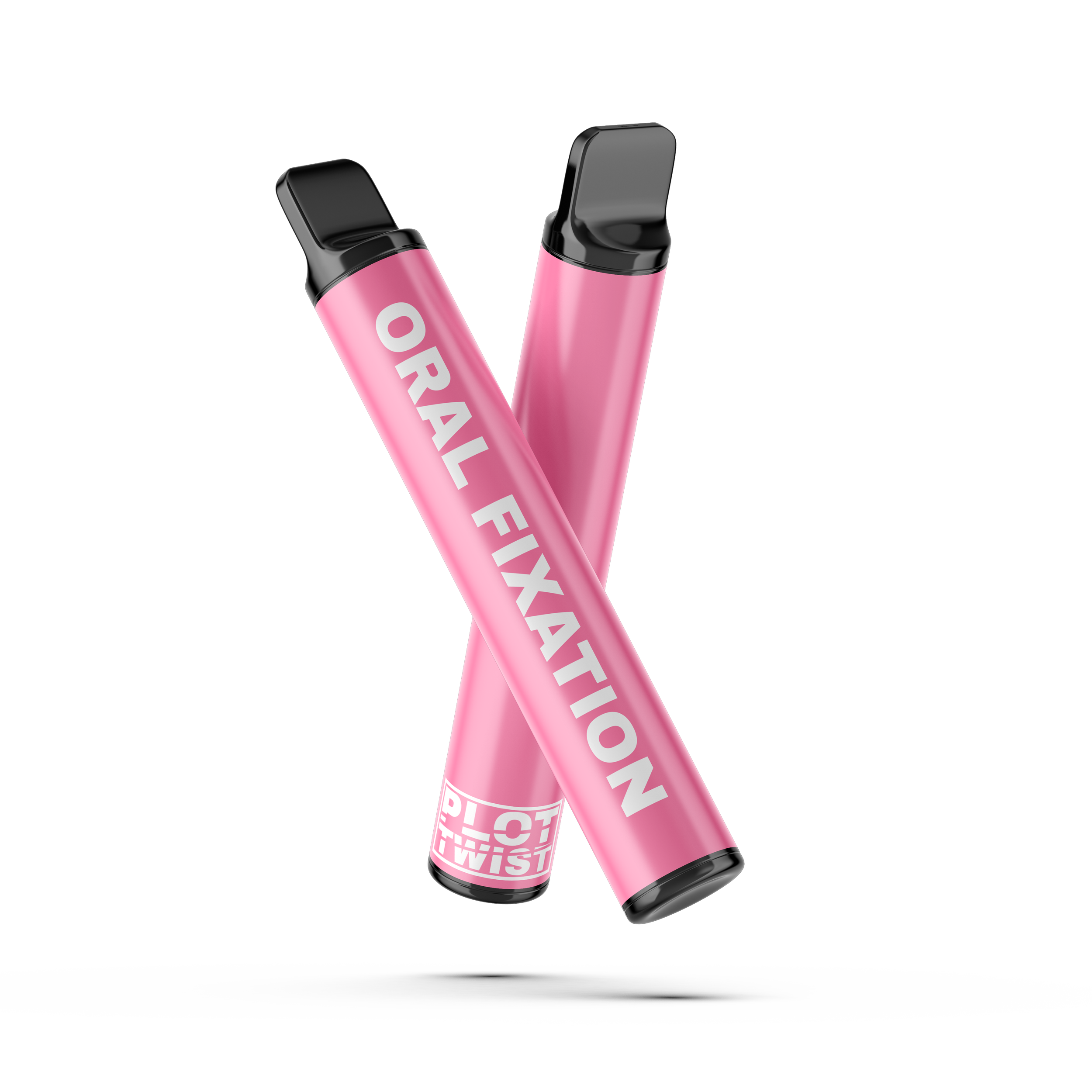 Two pink disposable inhalers with black mouths, one crossing over the other, labeled 'ORAL FIXATION' and 'PLOT TWIST' in white text, casting a shadow underneath.