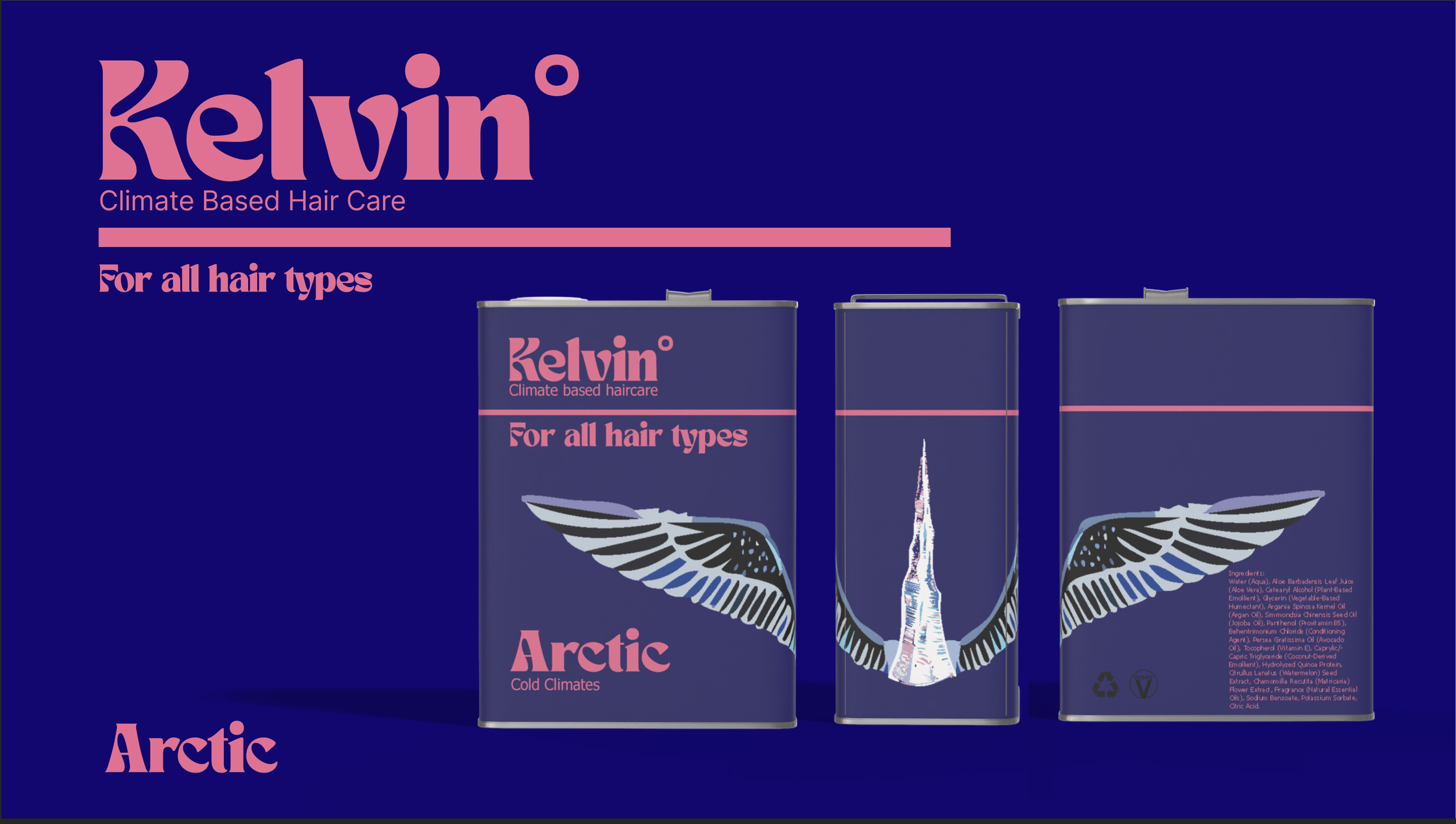 Packaging of Kelvin Arctic Cold Climates hair care products featuring a blue background, pink text, a winged ice formation illustration, and product ingredients list.