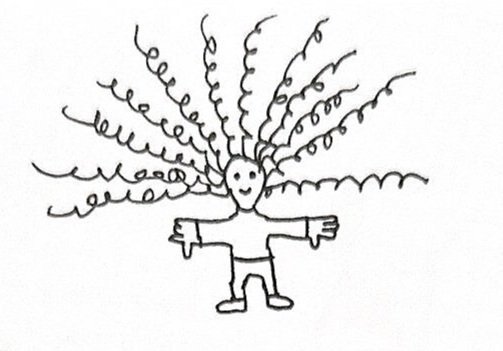 Childlike drawing of a person with curly hair extending outward in all directions, smiling, with outstretched arms and wearing a simple shirt and pants.