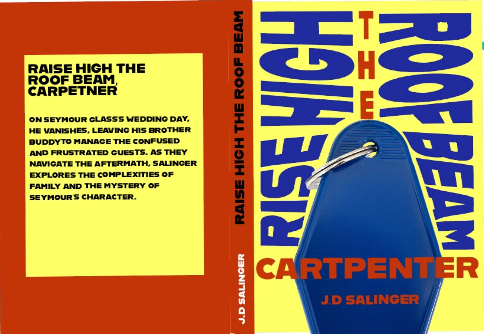 Book cover for 'Raise High the Roof Beam, Carpenters' by J.D. Salinger, featuring bold blue and yellow text, a blue mailbox illustration, and a reddish-orange background.