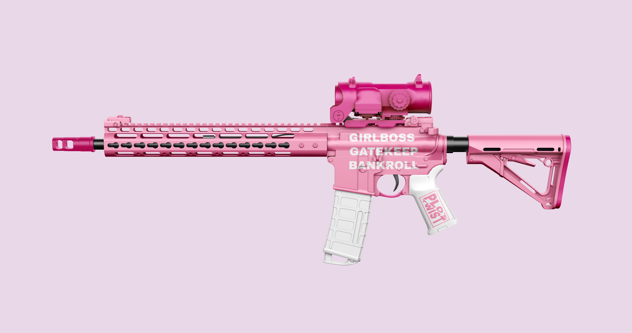 A pink toy gun with the words 'GIRLBOSS GATEKEEPER BANKROLL' written on it, featuring a white magazine with pink text that says 'PLOT TWIST.'