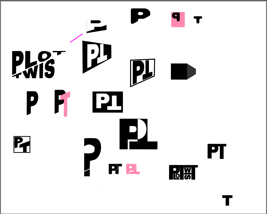 Abstract black, white, and pink puzzle pieces with the text 'PLIST' and 'PL' in various styles and orientations.