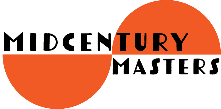 Logo for Midcentury Masters in black text with orange circles in the background.