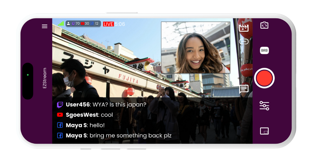 EZstream's app interface was designed by me in its entirety, supporting features like dual camera, live chat, viewer count, and much more. Here you can see a mockup I created on figma showing chats from multiple platforms coming in.