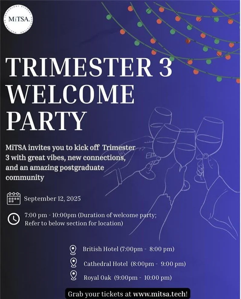 ✨ Trimester 3 Welcome Party ✨
Hosted by MiTSA 🎉
&nbsp;
📅 Friday, 12 Sept 2025
🕡 7:00 PM to 10:00 PM (full event duration)
📍 Locations based on time below
&nbsp;
Kick off the new trimester with good vibes, new friendships, and a night full of conn