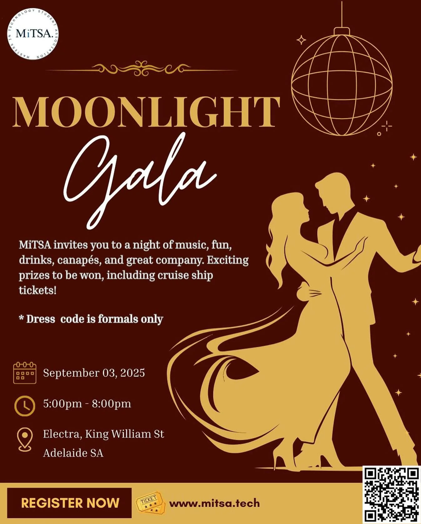 🌙 Moonlight Gala &ndash; A Night to Remember
Mark your calendars for an evening of sophistication and celebration!
On Wednesday, 3 September 2025, MiTSA invites you to Electra, King William Street, Adelaide for our very first Moonlight Gala &ndash; 
