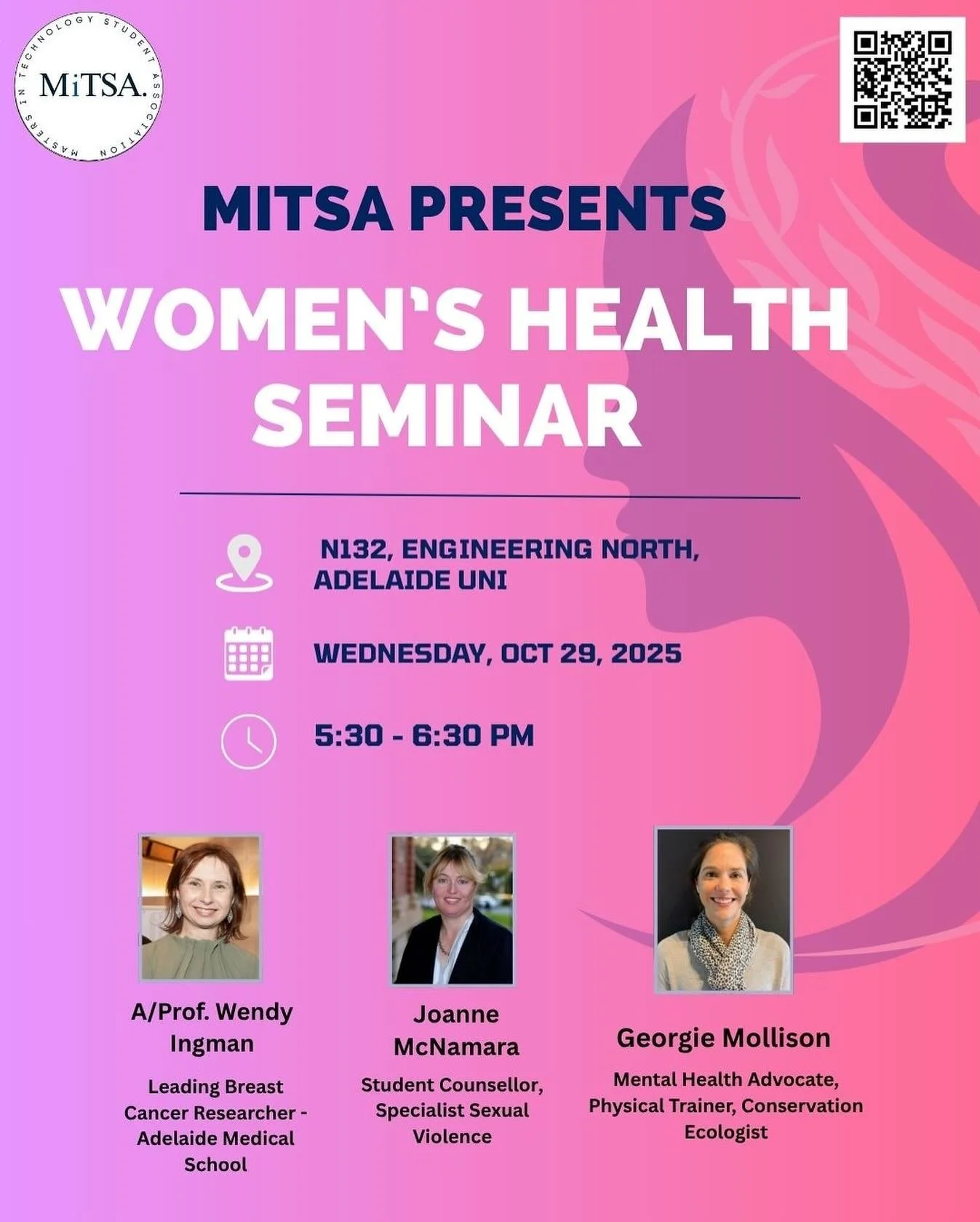 MiTSA&rsquo;s Women&rsquo;s Health Seminar is happening on Wednesday, 29 October at 5:30 pm in N132, Engineering North.

Join us for an evening of open conversations, inspiring stories, and community connection. Admission is free, and all donations w
