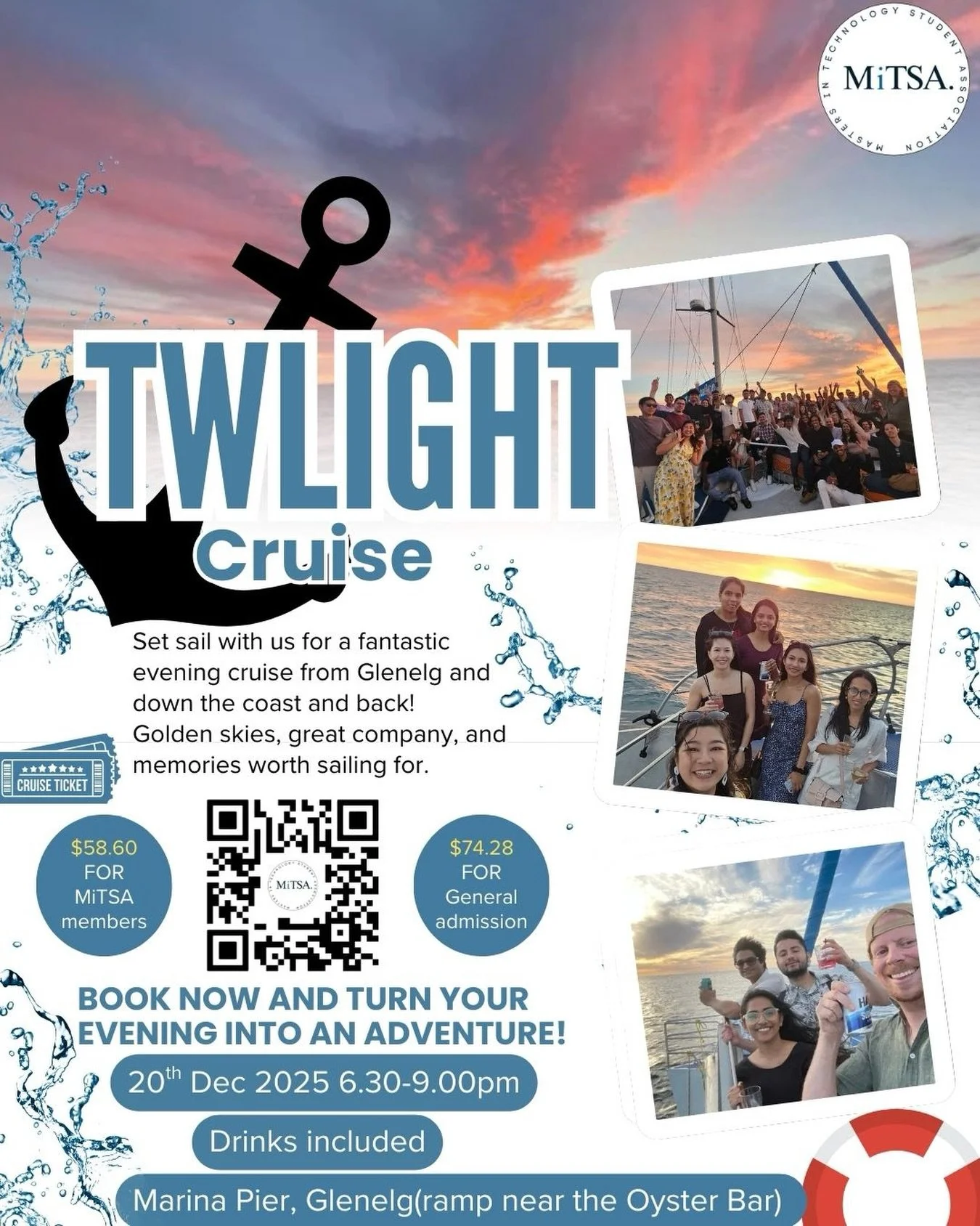 Your Next Adventure is on the Water! 🥂
Escape the city hustle and join us for the MITSA Twilight Cruise! 🌊 Picture this: you, your friends, a beautiful sunset over the water, and a drink in your hand. This is the perfect way to wrap up the year.Don