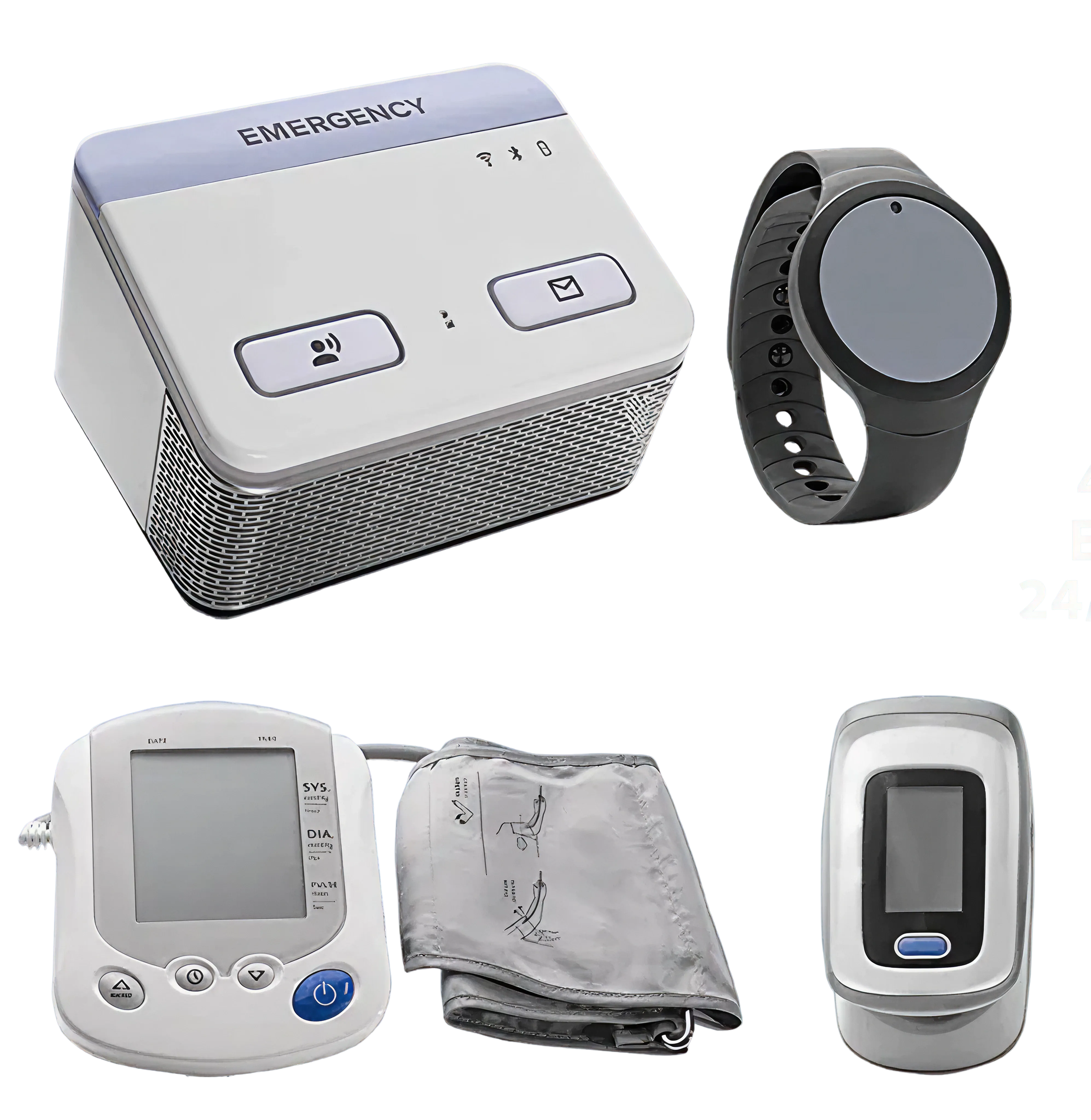 Medical emergency equipment, including a blood pressure monitor, a pulse oximeter, an automatic blood pressure cuff, a medical alert device, a smartwatch, and a defibrillator.