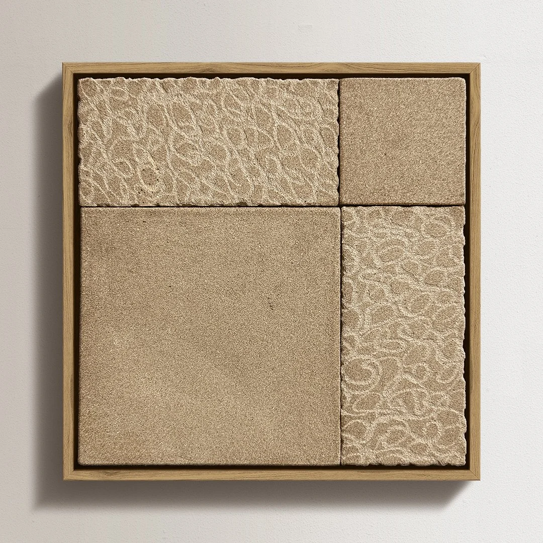 Framed Mosaic 01, 2026, Unglazed stoneware with oak frame, 10.5 in H × 10.5 in W
(26.67 × 26.67 cm)