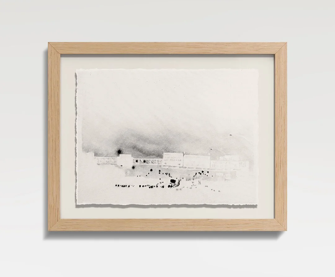 Frame VI: Highway, 2026, Graphite on paper, oak frame, 15.5 in H × 19 in W × 1.5 in D (39.4  × 48.3  × 3.8 cm) 