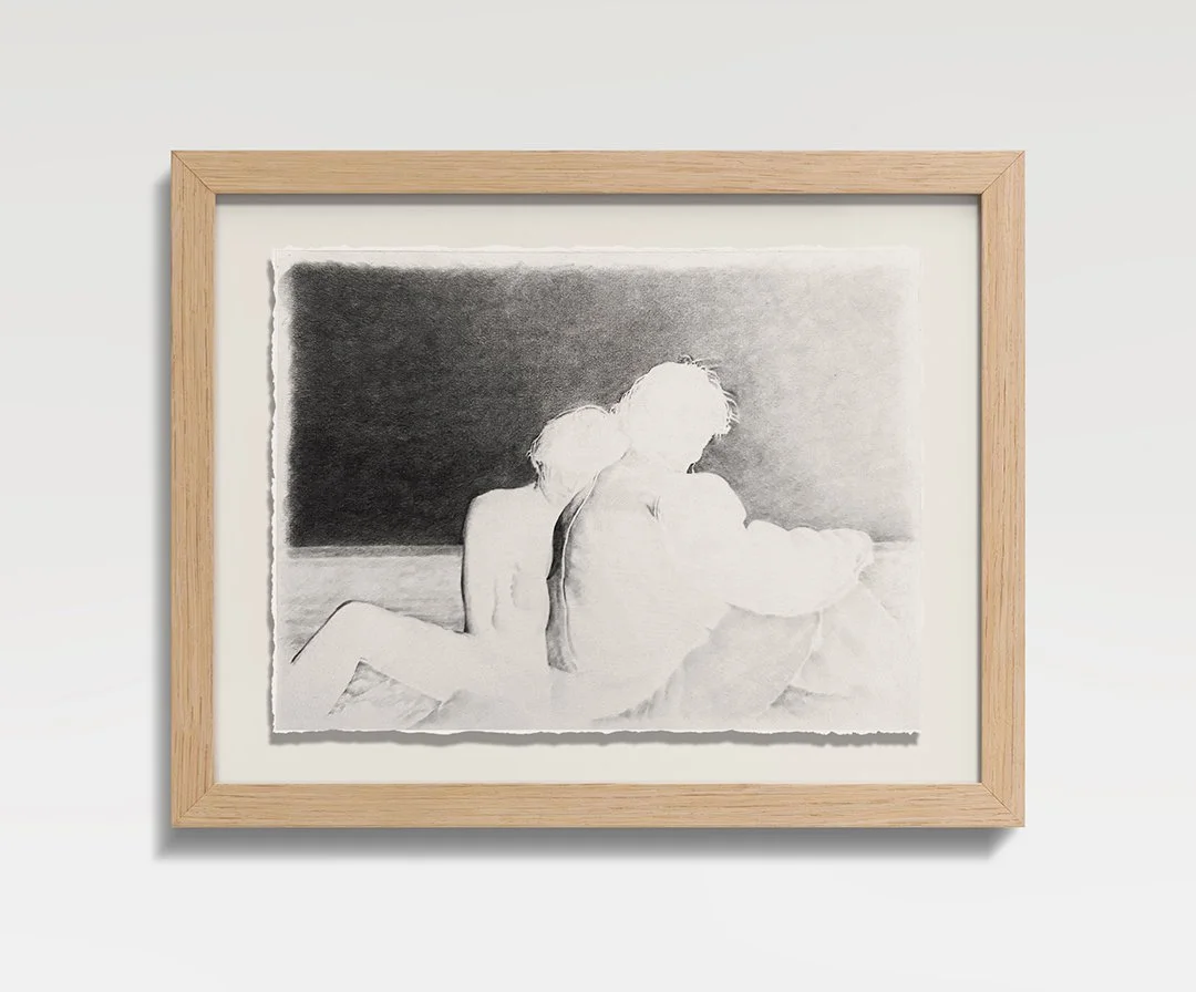 Frame IV: Last Embrace, 2026, Graphite on paper, oak frame, 15.5 in H × 19 in W × 1.5 in D (39.4  × 48.3  × 3.8 cm) 