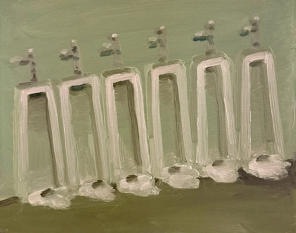 Urinals, 2025, Oil on masonite, 14 in × 11 in, 35.56 cm x 27.94 cm