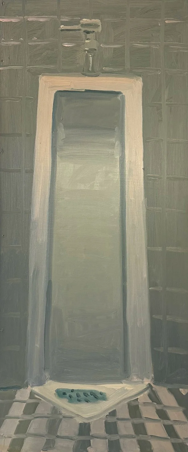 Urinal (Grey), 2025, Oil on masonite, 24 in × 57.25 in, 60.96 cm × 145.42 cm