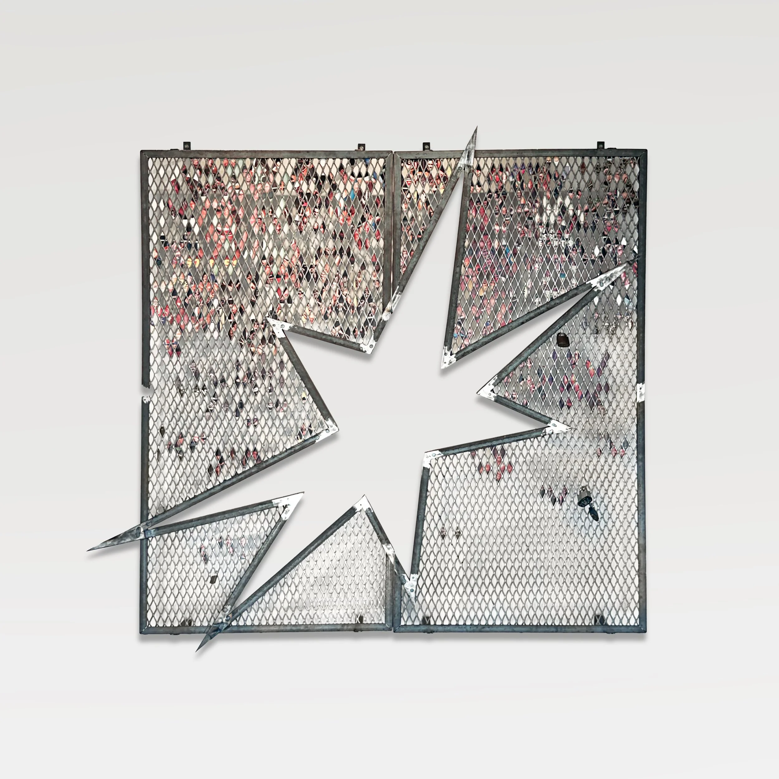Put to Wrest (Bust) I, 2025, Expanded metal sheet, mild steel, offset magazine print on coated paper, found locks
72 in H × 66 in W  (182.9 × 167.6 cm)
