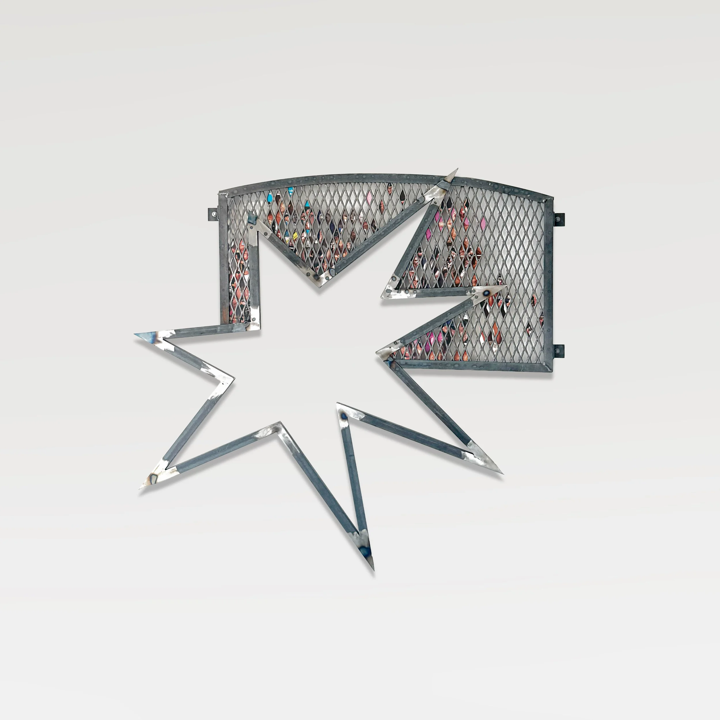 Put to Wrest (Bust) II, 2026, Expanded metal sheet, mild steel, offset magazine print on coated paper, 46 in H × 42 in W  (116.8 × 106.7 cm)