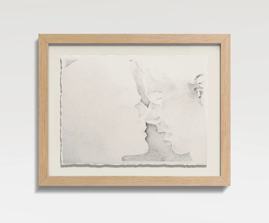 Frame III: First Kiss, 2026, Graphite on paper, oak frame, 15.5 in H × 19 in W × 1.5 in D (39.4  × 48.3  × 3.8 cm) 