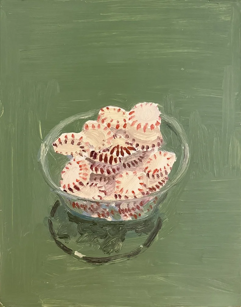 Bowl of Peppermints, 2025, Oil on masonite, 11 in × 14 in, 27.94 cm x 35.56 cm