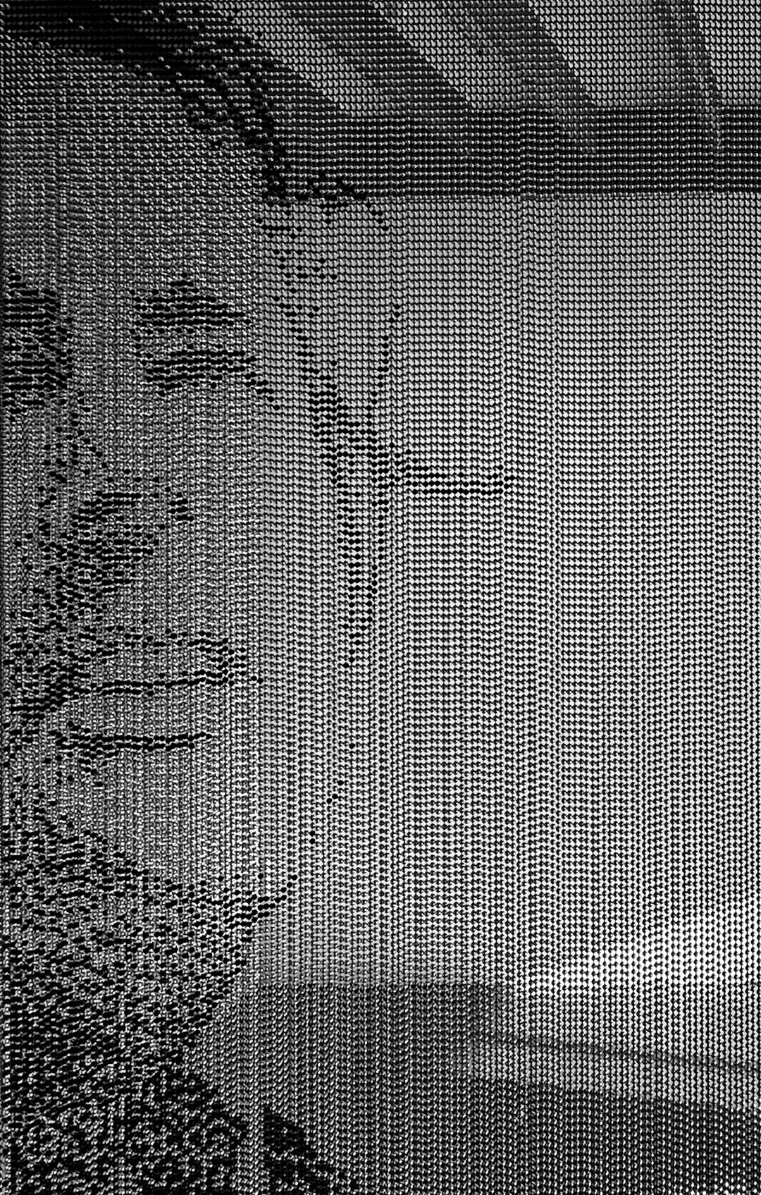 Tough Love (John in Violet Light), 2026, Nickel-plated steel ball chain, automotive enamel, 106 in H × 66 in W  (269.2 × 167.6 cm)