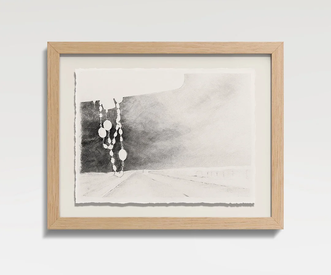 Frame V: Desert Rearview, 2026, Graphite on paper, oak frame, 15.5 in H × 19 in W × 1.5 in D (39.4  × 48.3  × 3.8 cm) 