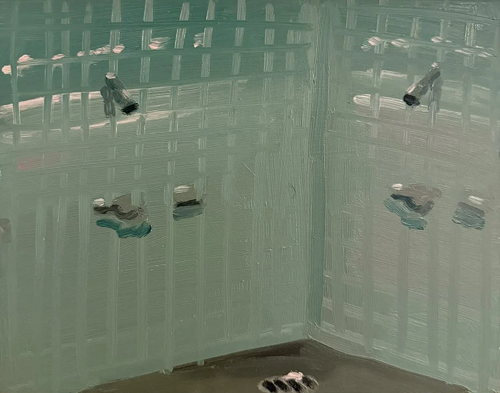 Shower (Green), 2025, Oil on masonite, 14 in × 11 in, 35.56 cm x 27.94 cm