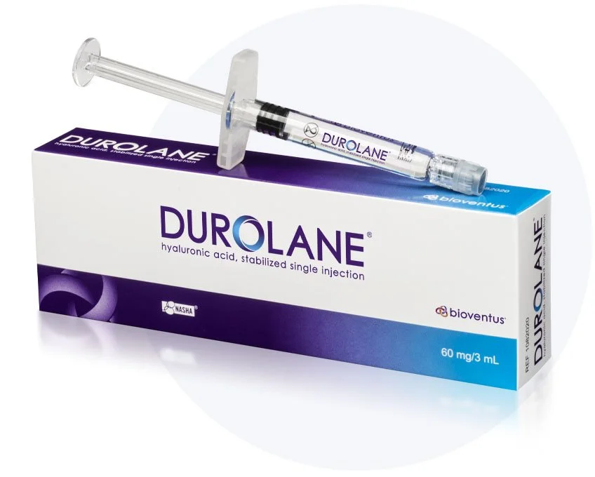 A box of Duolane hyaluronic acid injection with a syringe placed on top.