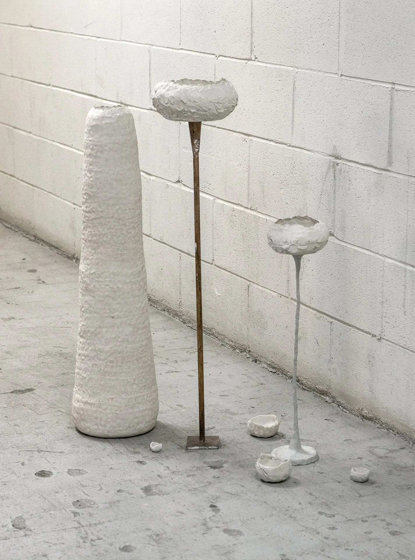 Water Bowls, 2025, Unfired Clay, largest bowl, 3’H