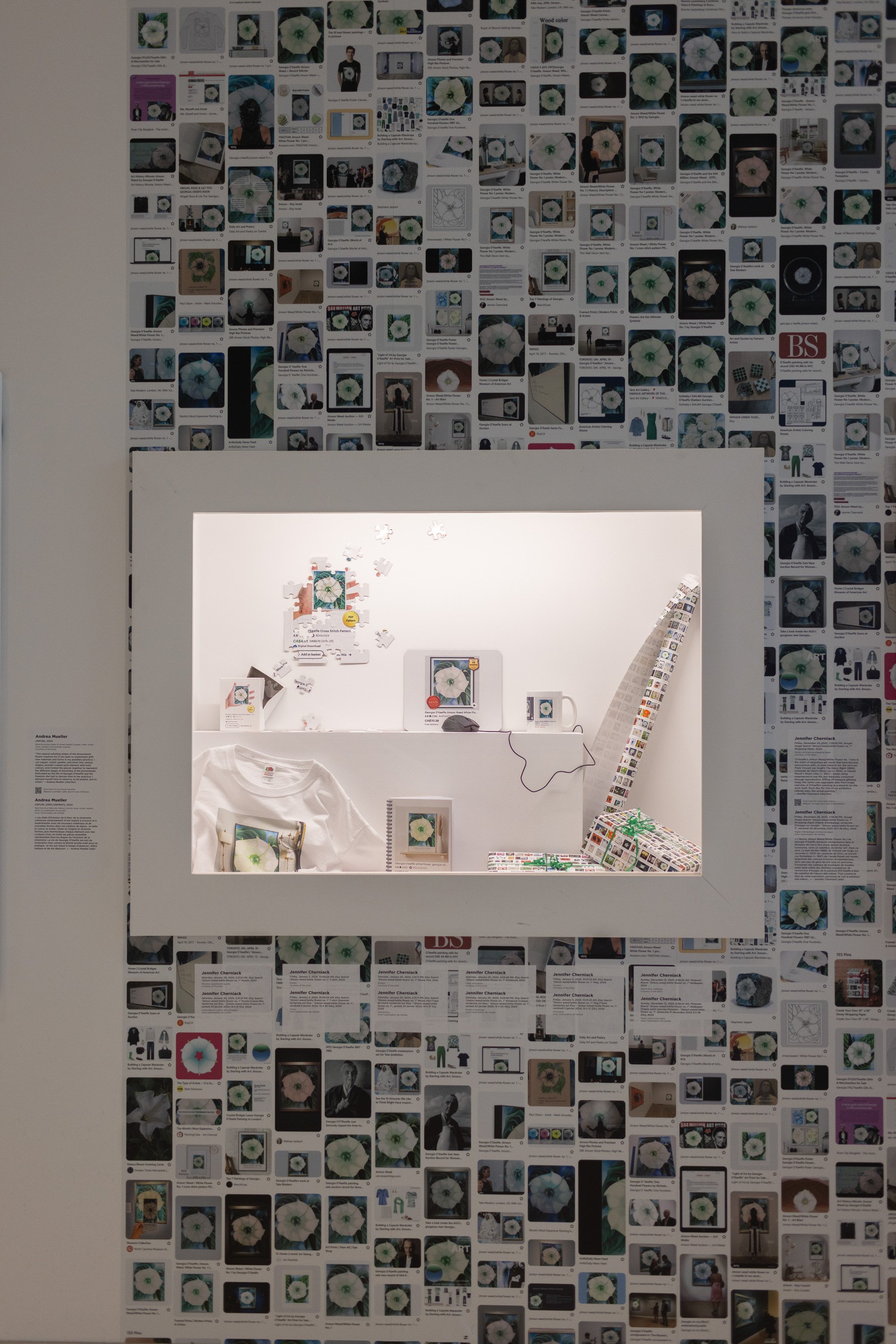 Artwork by Jennifer Cherniack: Objects printed with Georgia O'Keefe's Jimson Weed in a vitrine with wall paper of printed search results surrounding the window