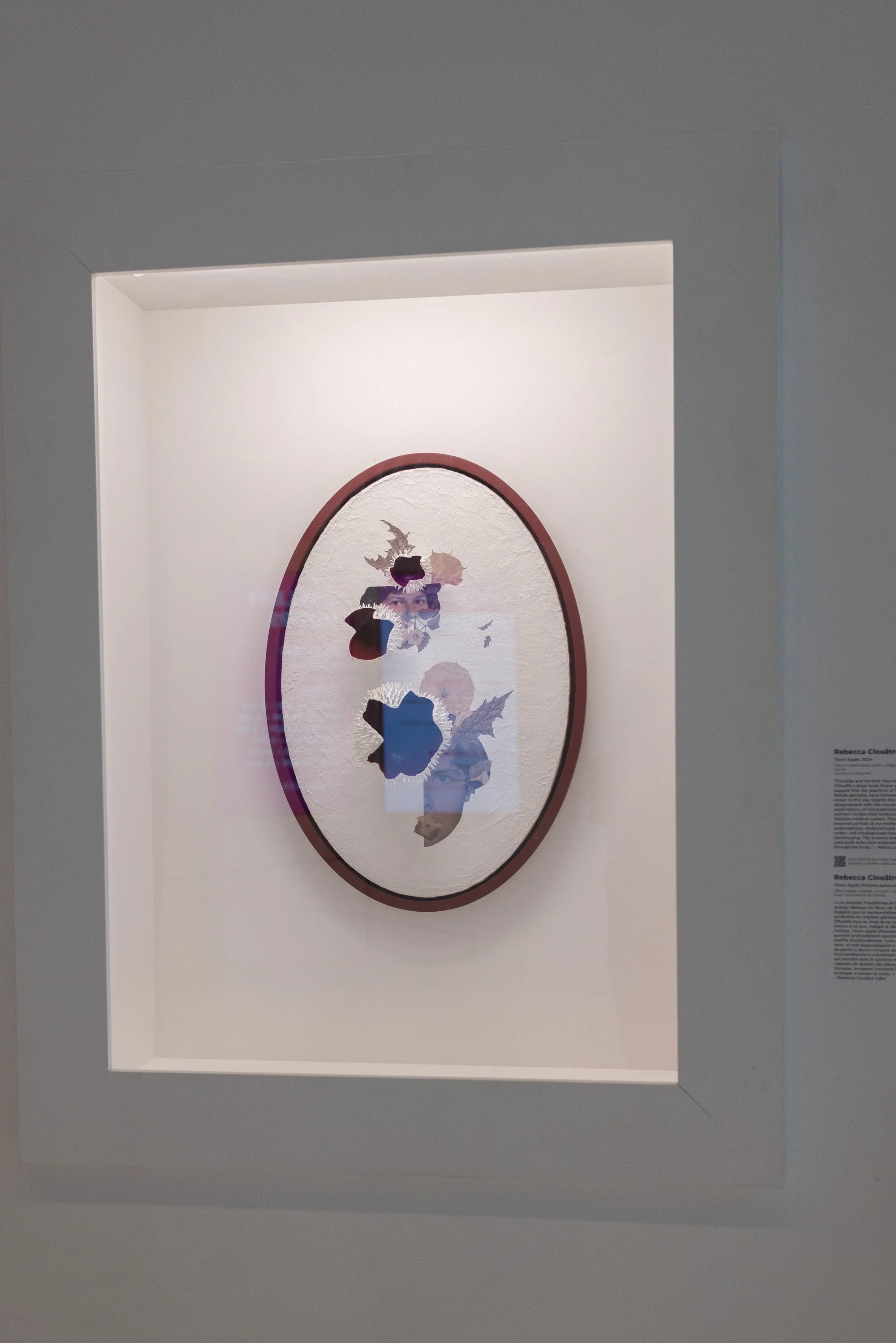 A collage artwork by Rebecca Clouâtre hangs in an oval frame in a vitrine