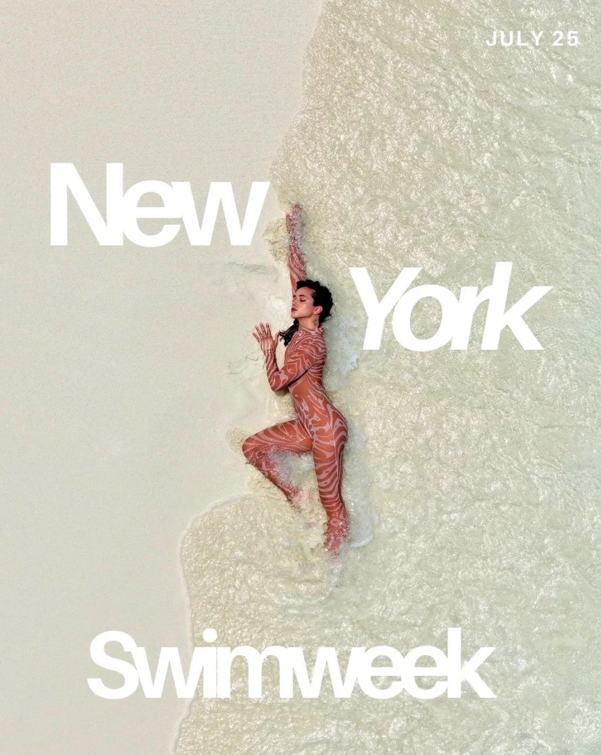 A woman lying at the edge of a sandy beach with her hand and face resting on the sand, next to the ocean waves; overlay text reads 'July 25', 'New York', and 'Swimweek'.