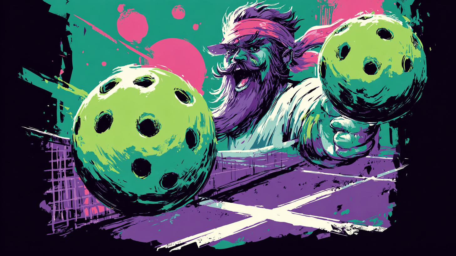 A colorful, graffiti-style digital illustration of a character with a beard and headband holding two large green bowling balls with black holes, standing in a bowling alley.