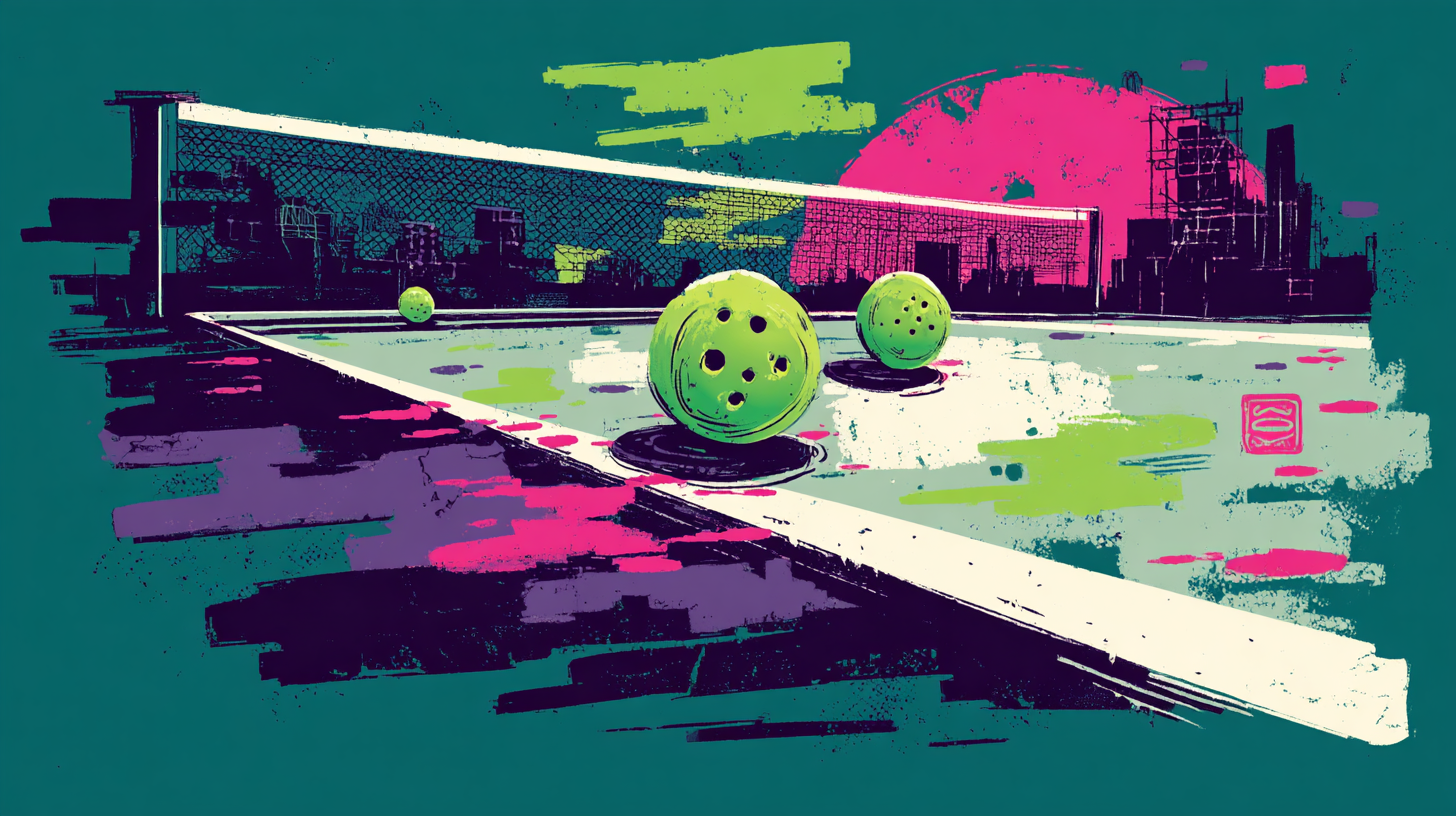 Stylized digital illustration of a tennis court with three bright green tennis balls, city skyline in the background, large pink sun, and vibrant abstract colors.