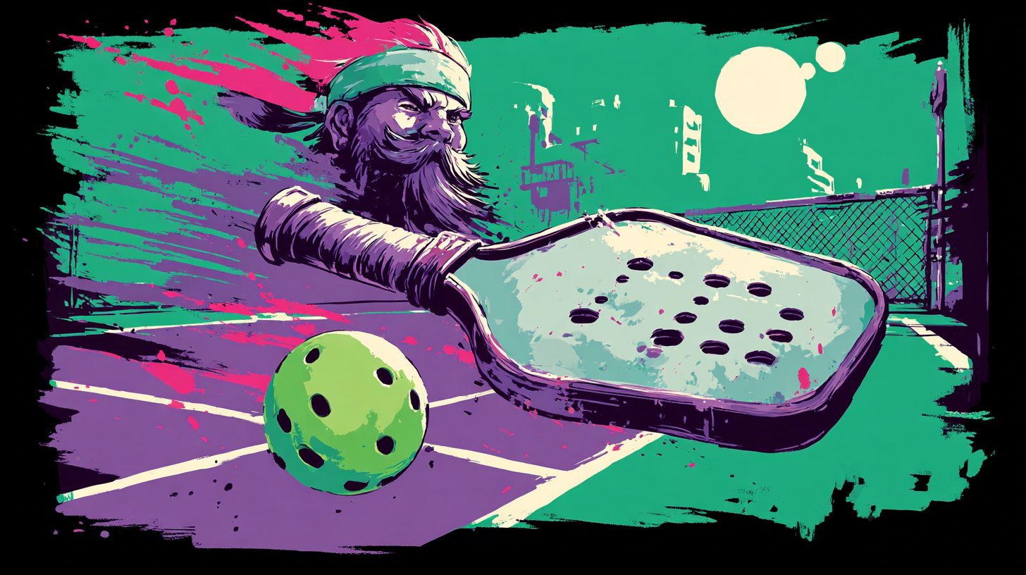A colorful illustration of a bearded man with a headband playing pickleball outdoors under a bright sky with the moon visible. The man is hitting a green pickleball with a large paddle on a tennis court.