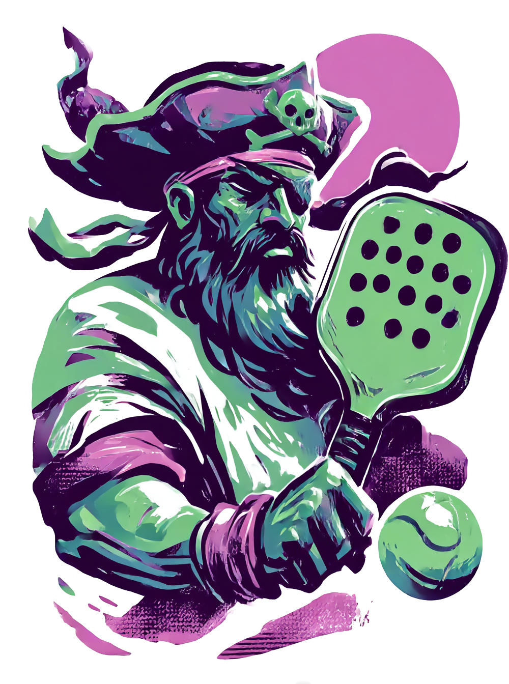 Roger the pickleball pirate of Pickleball Cove holding a green paddle and green pickleball.