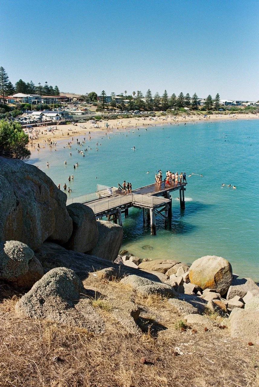 A scenic view of a sandy beach with many people swimming and relaxing. There is a wooden pier extending into the water with people gathered on it. Large rocks and dry grass are in the foreground, and houses and trees line the background along the coa