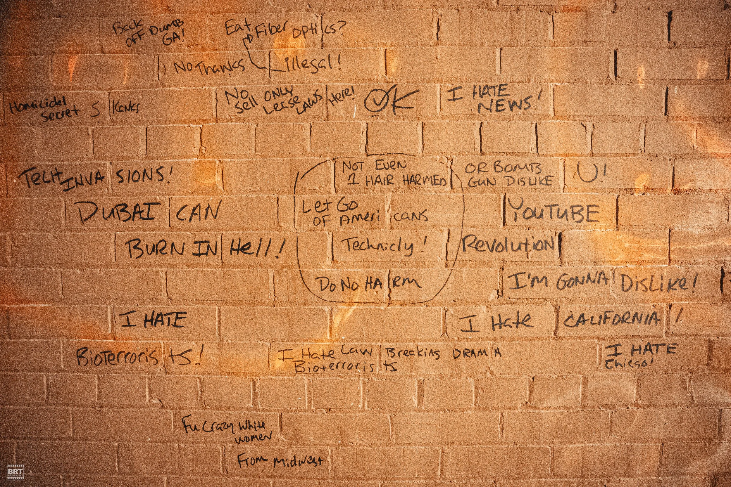 Brick wall covered with various handwritten notes and comments, including phrases like 'Back off Dumb G', 'I hate news', 'Dubai can burn in hell', and 'I hate California', with some words circled or underlined, and a heart shape around central writin
